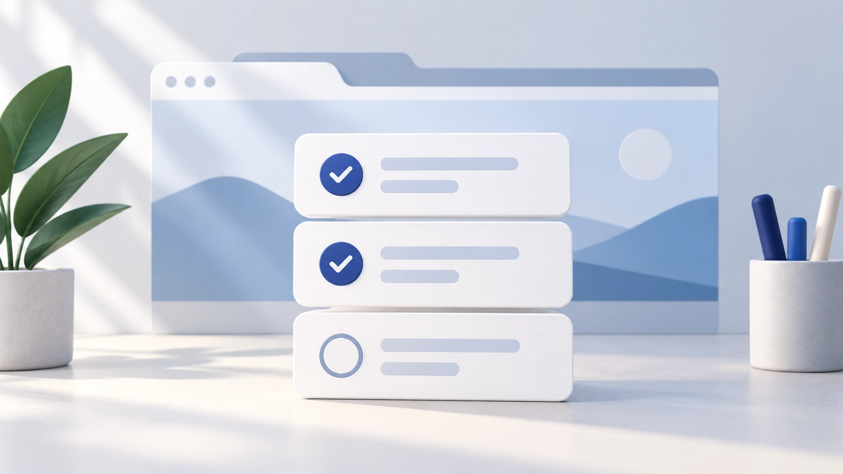 Three task cards in front of a stylized browser tab