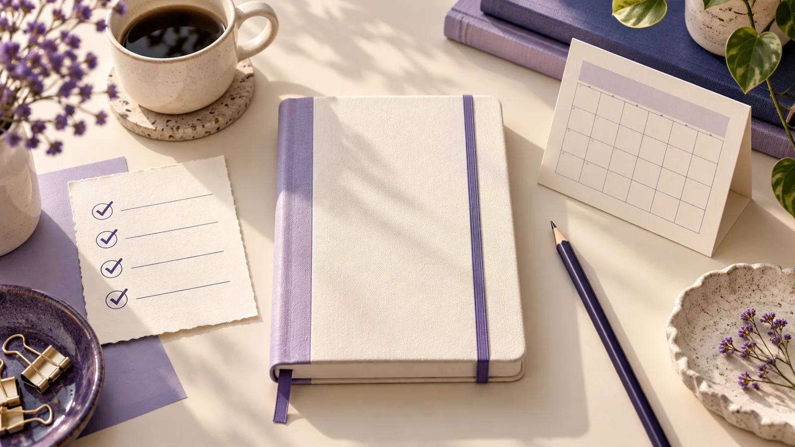 A notebook, pencil and paper checklist beside a small calendar card